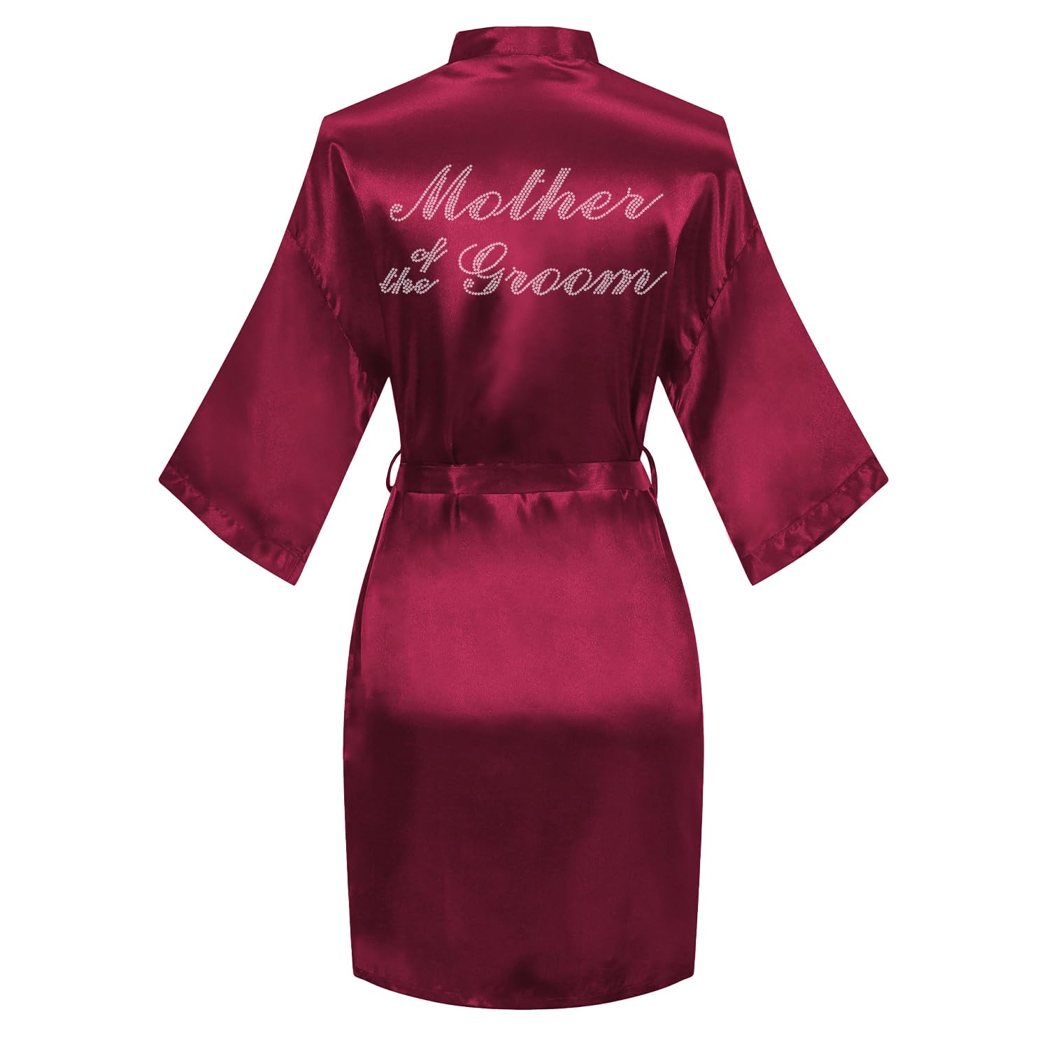 Women's Satin Robe Bride Bridesmaid Short Kimono Robes with Silver Rhinestones for Wedding Party Getting Ready