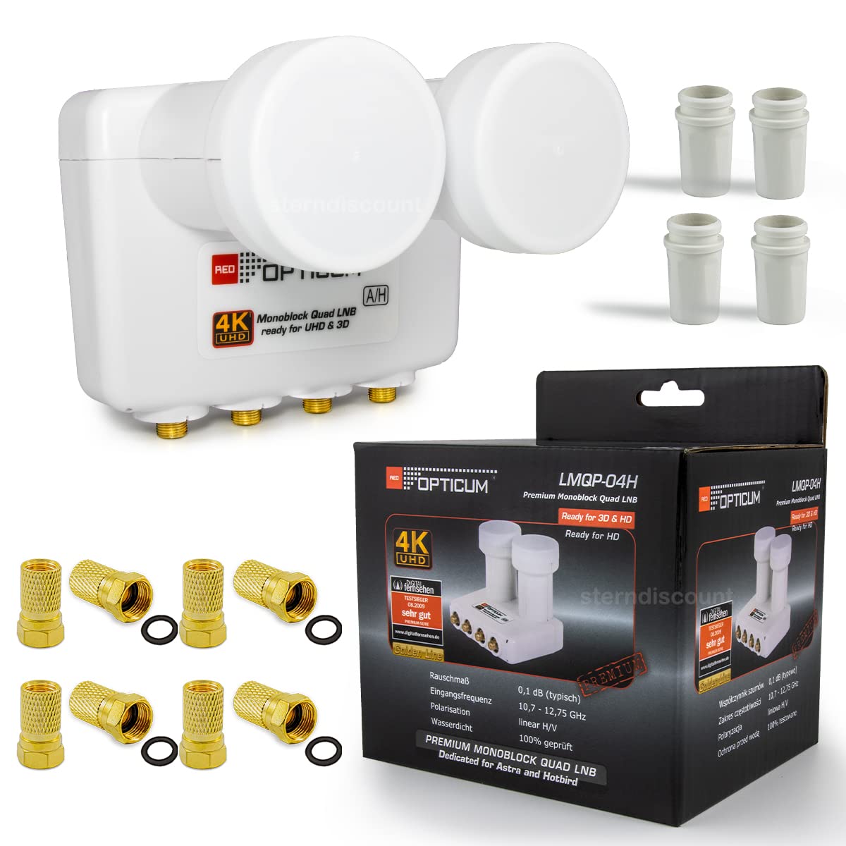 Opticum Monoblock Quad LNB LMQP für 4 Teilnehmer, 2 Satelliten Astra 19.2 + Hotbird 13 Empfang - digital Doppel Sat LMB Kopf Mono-Block 0.1dB Full HD, 4K, 8K, UHD + 8 F-Stecker gratis Sterndiscount