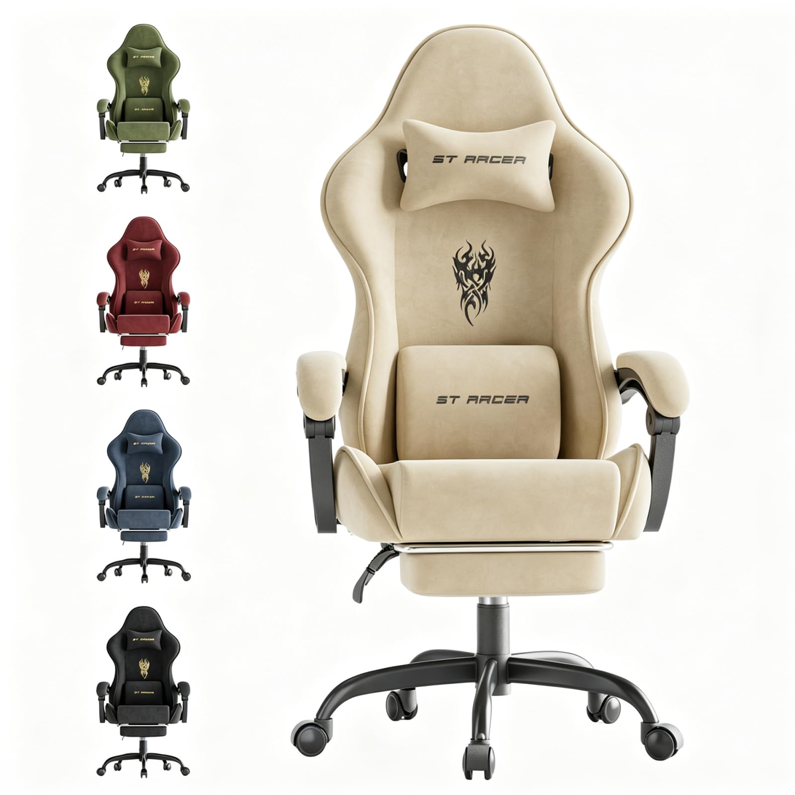 Soontrans Velvet Fabric Gaming Chairs with Footrest, Ergonomic Video Gamer Chair for Adult, Reclining Office Computer Desk Game Chairs with Massage Lumbar Cushion,Headrest