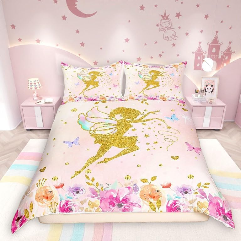 Magical Girl Duvet Cover, Flower and Butterfly Bedding Set,Watercolor Art Comforter Cover for Girls Kids Room Decor,Women Fairy Tale Bedspread Cover Queen Size with 2 Pillow Cases(No Comforter)