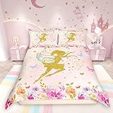 Girls Colorful Flowers Bedding Set,Magical Girl Duvet Cover for Teens,Kids Gold Butterfly Comforter Cover Decorative Room,Children Dreamy Quilt Cover with 2 Pillowcases,Full Size(No Comforter)