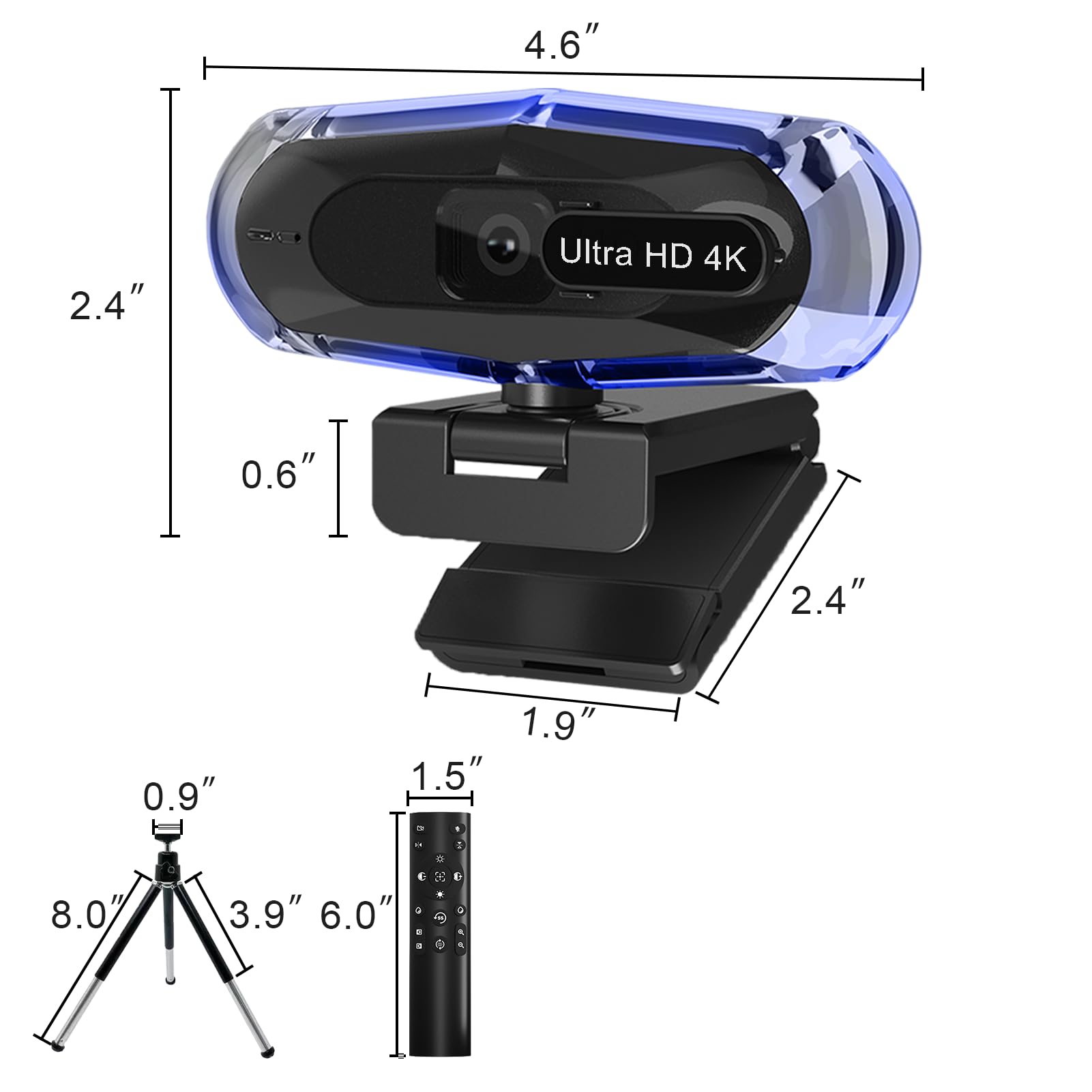 Kamera internetowa 4K do komputera, kamera internetowa 4K z pilotem zdalnego sterowania i oświetleniem RGB, kamera strumieniowa z autofokusem do PC/Mac, kamera komputerowa typu Plug and Play