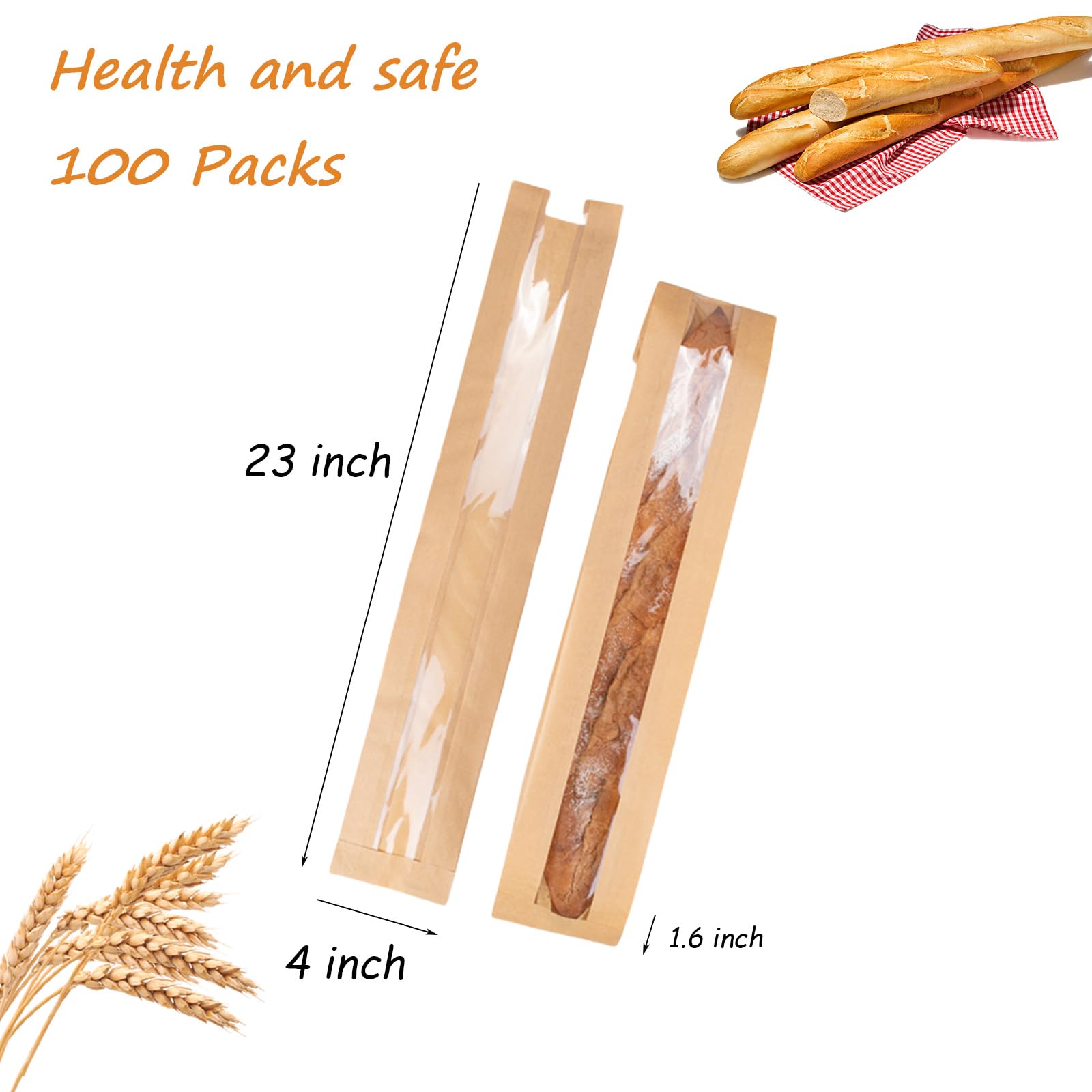 ZENFUN 100 Pack Baguette Kraft Bags with Clear Front Window and 100 Seal stickers, Fresh Breads Loaf Packing Bags - Image 2
