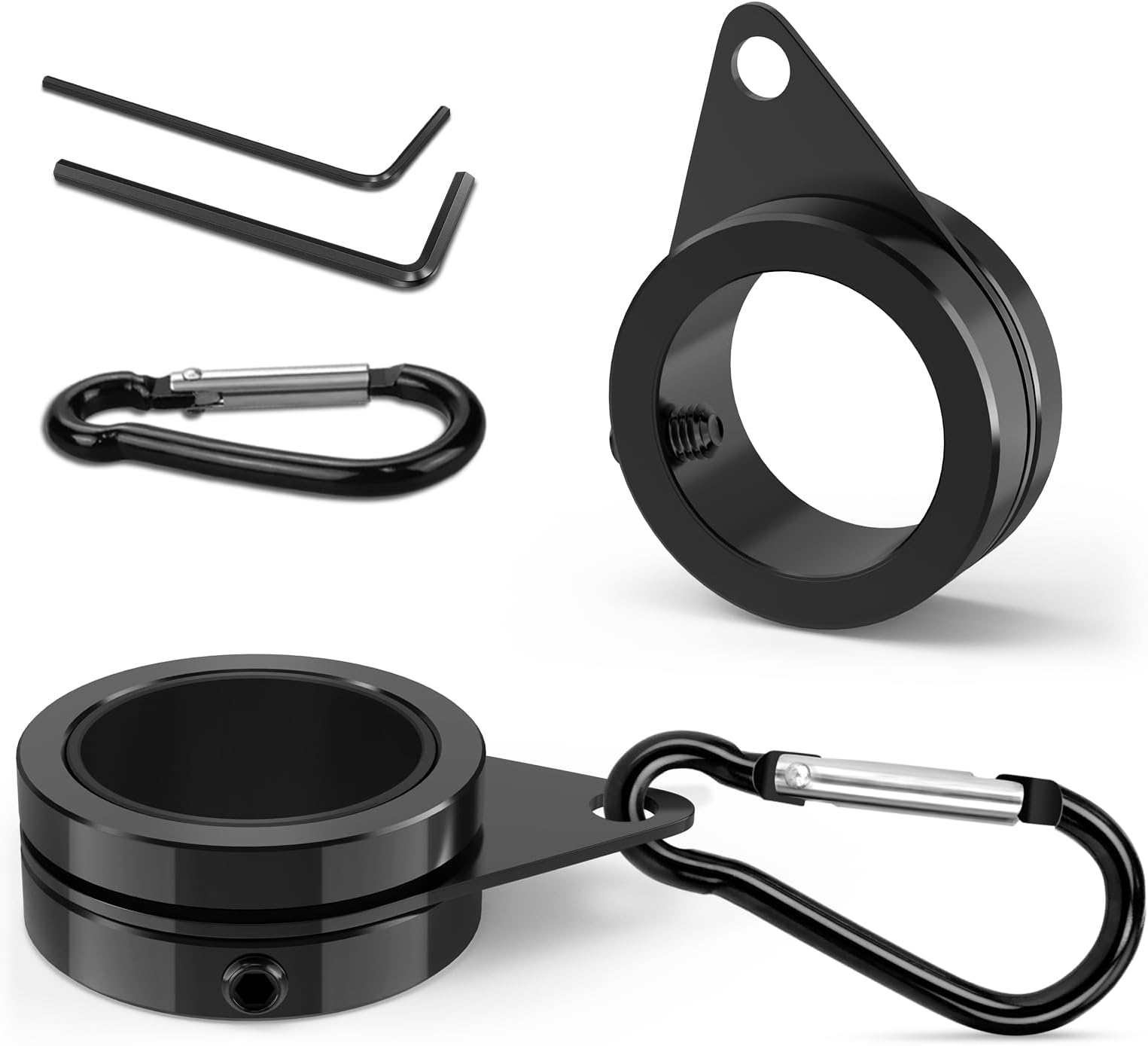BonyTek 2 Pack Aluminum Alloy Flag Pole Rings, 360 Degree Rotating Flagpole Flag Mounting Rings Spinning Flag Pole Kit with Carabiner for 0.75-1.02Inch Diameter Flagpole (Black)