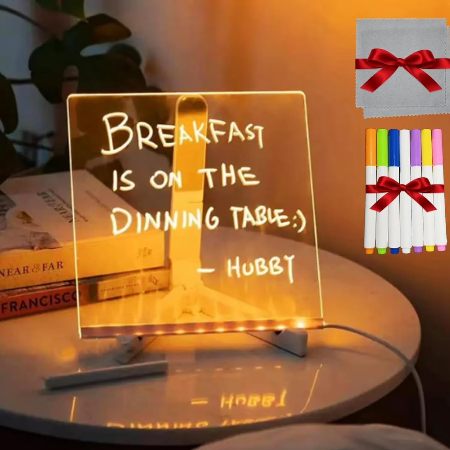 One94Store LED Acrylic Writing Board with 7 Pen & Light – 20x 20 cm DIY 3D Rewritable Message Pad, Personalized Night Lamp & LED Display for Home, Office Desk Decor & Gift 4