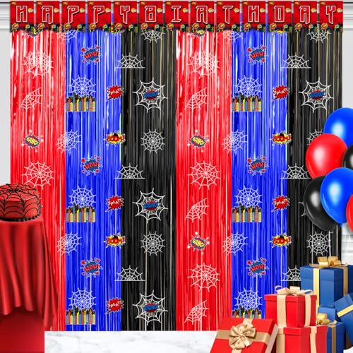 Image of Spider Web Birthday Decorations, 2 Pack Spider 3.3x6.6ft Tinsel Foil Fringe Curtains with Spider Happy Birthday Banner, Spider Photo Booth Prop Backdrop Streamer