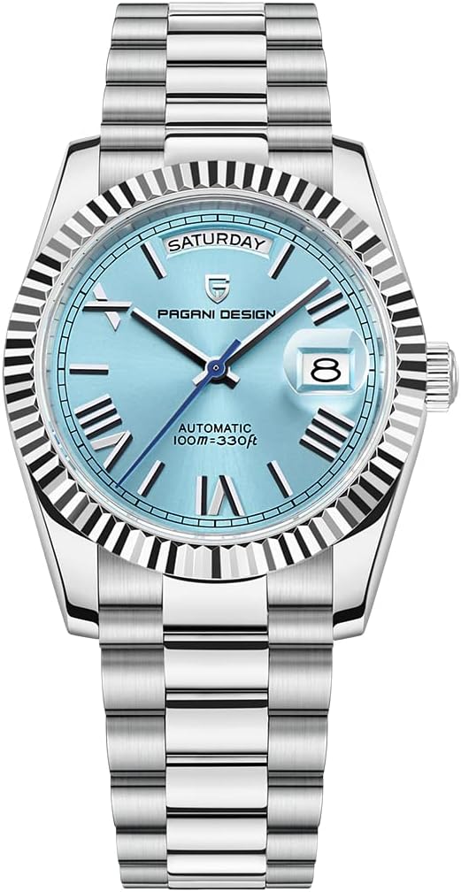 Pagani Design Herrenuhren, 36mm automatische mechanische Edelstahl 100M wasserdichte Luxus-Armbanduhr fr Mnner, doppelte Datumsanzeige Saphirglas Zifferblatt
