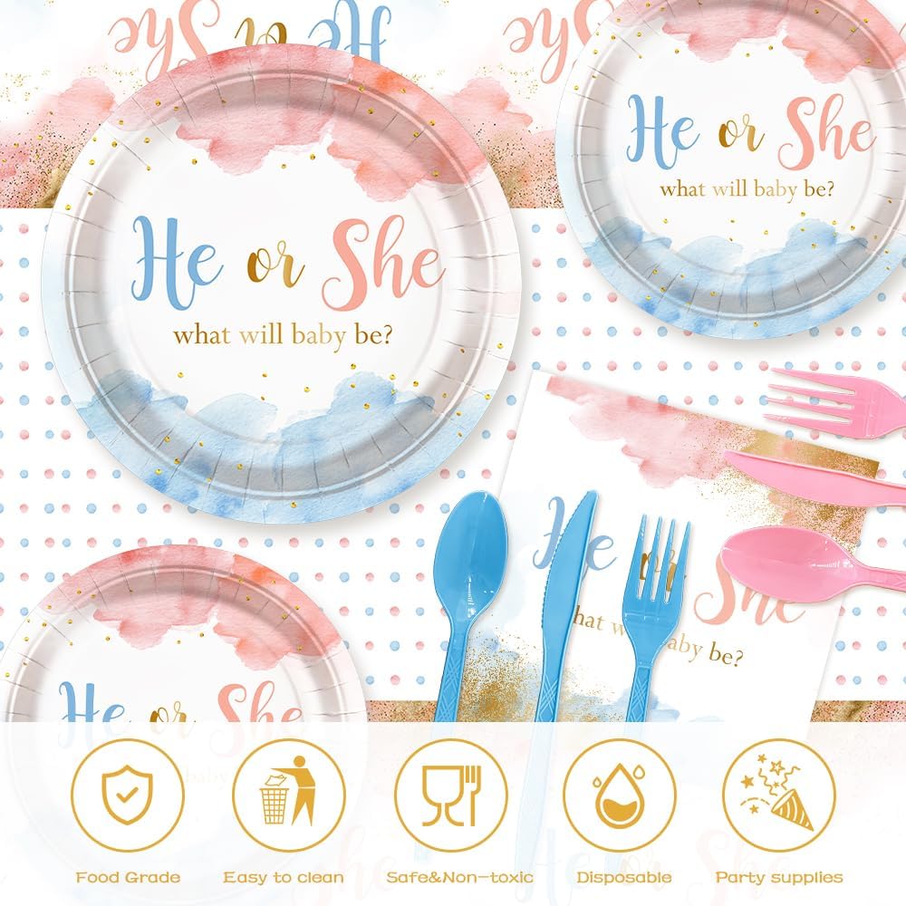 AIBIIN 194 PCS Gender Reveal Decorations Gender Reveal Paper Plates Cups and Napkins Sets He or She Baby Shower Party Supplies Pink and Blue Disposable Tableware Set with Tablecloth Serves 24 Guests