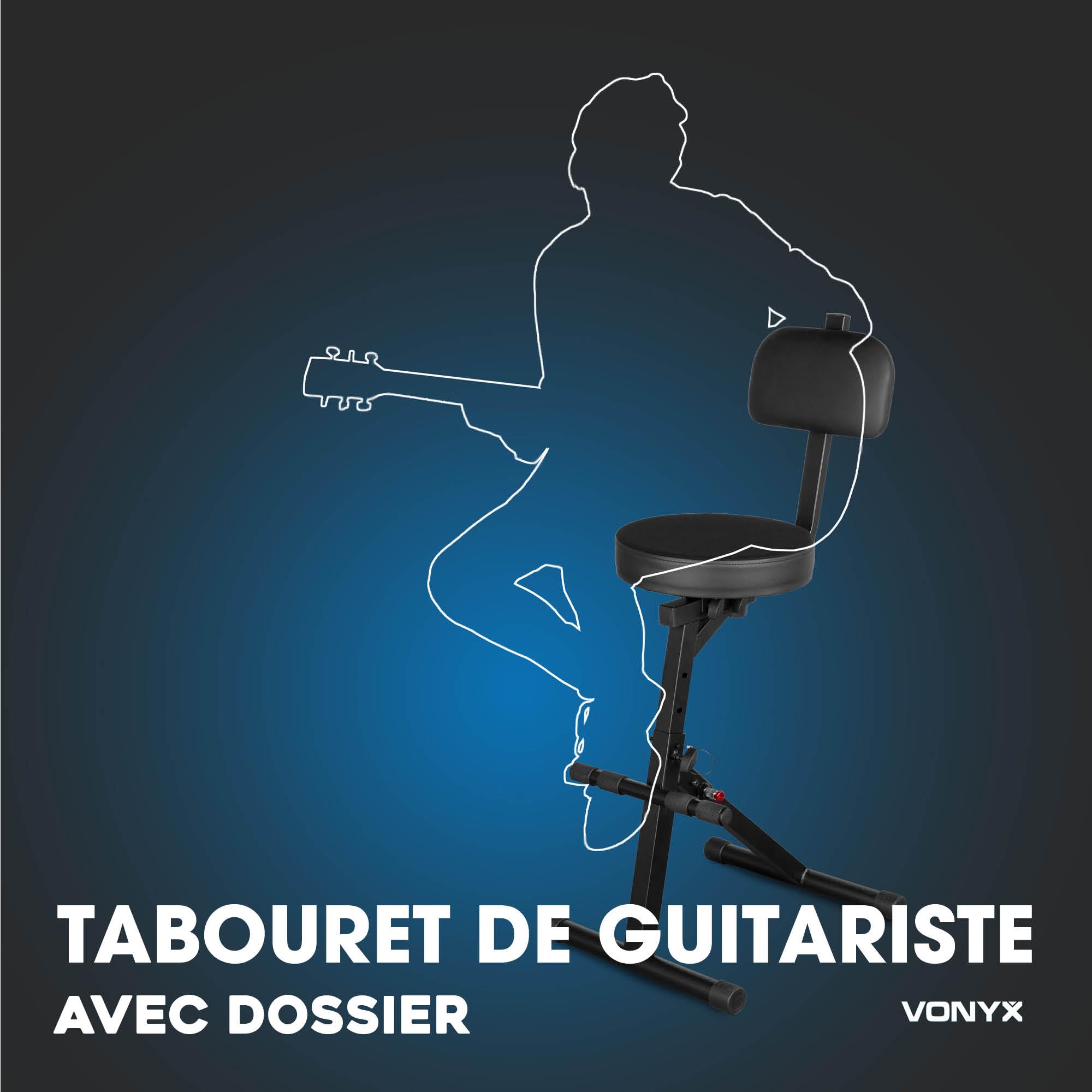 VONYX GST15 Tabouret de Guitariste avec Dossier - 5 Hauteurs Réglables, Mousse à Mémoire de Formes, Maxi 100kg, Pieds Antidérapants, Un Tabouret Idéal pour Jouer de la Guitare Confortablement