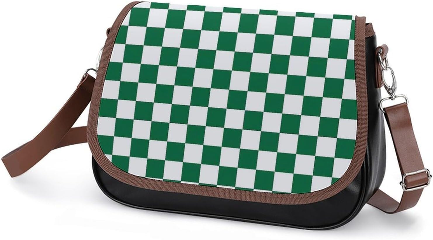 White And Green CheckerboardWomen's Faux Leather Crossbody Bag, Waterproof Wrinkle-Resistant Shoulder Bag with Detachable Strap, Large Capacity Casual Handbag, Fashion Daily Purse for Shopping Work Da