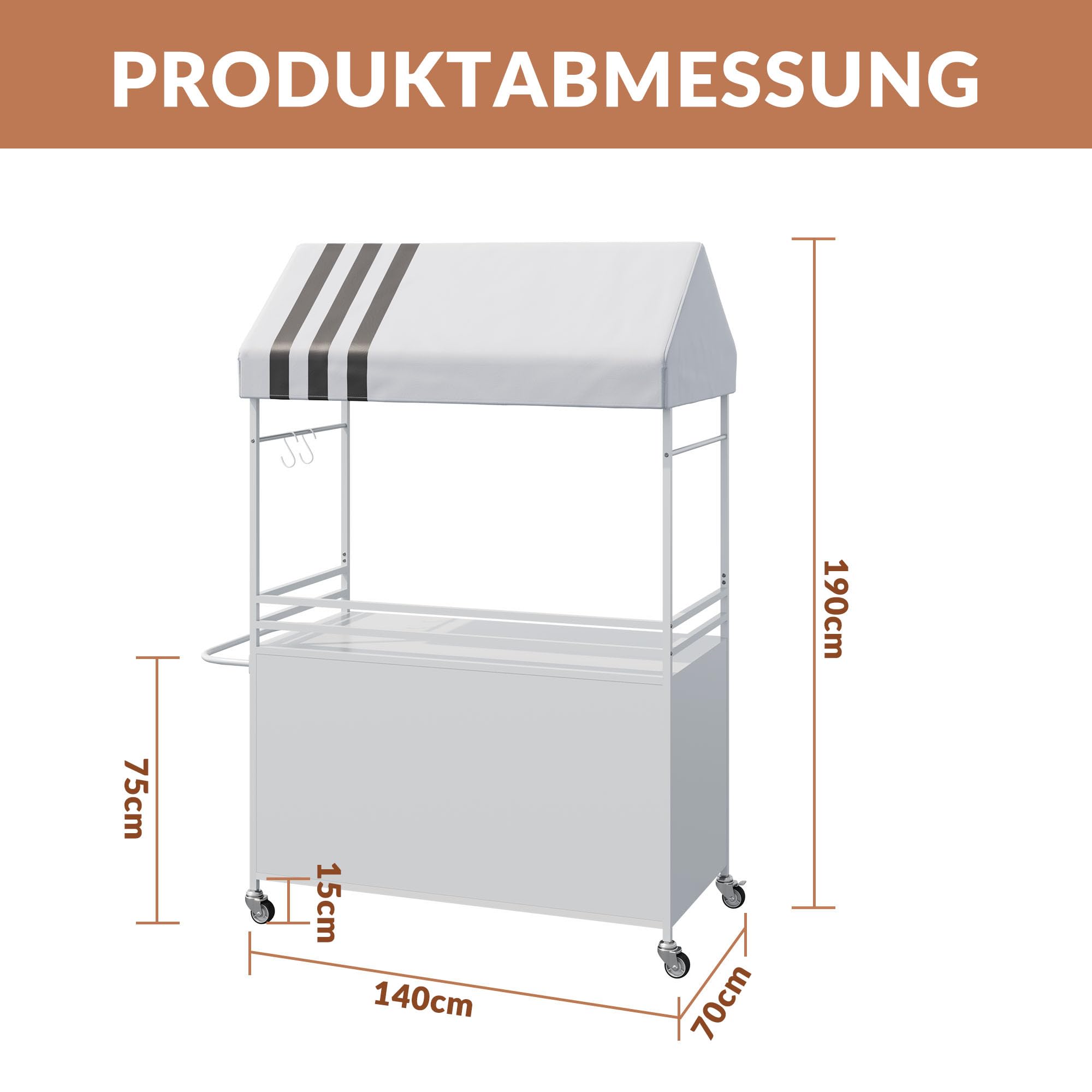 Tragbarer Verkaufswagen mit Überdachung, Mobile Imbisswagen mit feststellbaren Rädern, 190 cm hoher Straßenverkaufsständer für Streetfood, Kaffee, Blumen, Veranstaltungen im Innen- und Außenbereich