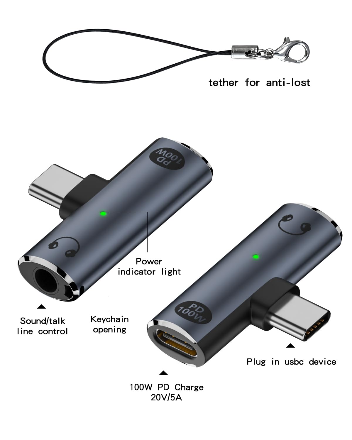 Duttek USB C to 3.5mm Audio Adapter 100W PD, 2 in 1 USB C Splitter and TypeC Headphone Adapter for iPhone 16/15, Pixel 9 (1 Pack-Grey)