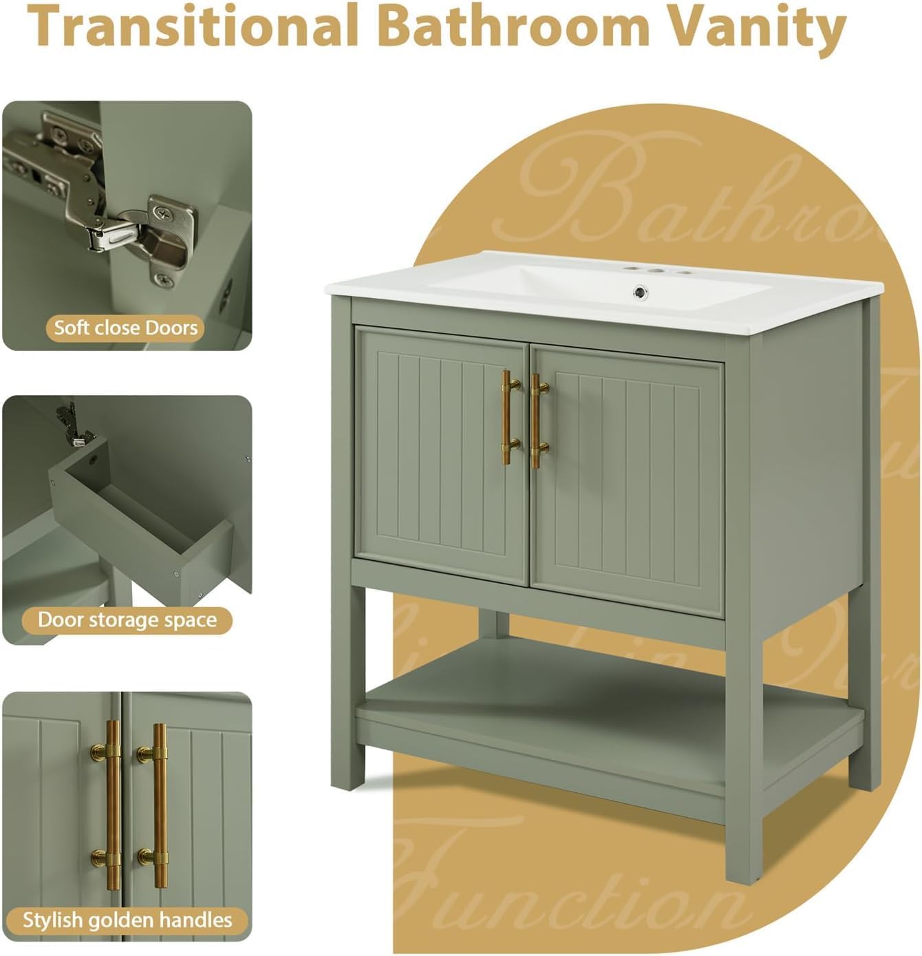 30" Bathroom Vanity with Sink Combo, Wood Modern Bathroom Sink Cabinet with 2 Storage Doors and Open Shelf,Freestanding Bathroom Vanities (Green)
