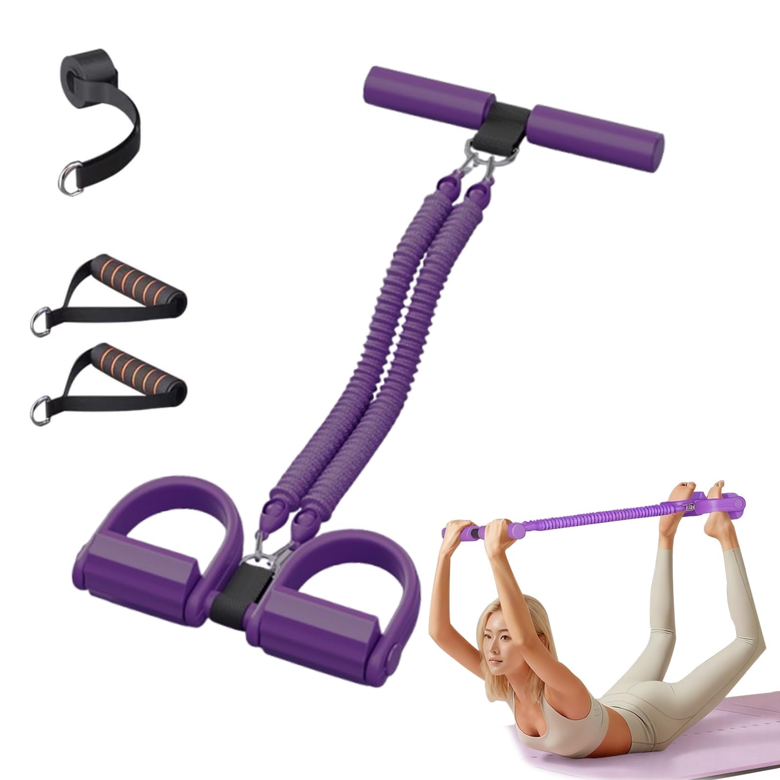 ZYEKIU Pedal Resistance Bands with Handle Foot Pedal Resistance Band Tension Rope Exercise Elastic Bands for Abs Arm Leg Waist Workout 2Tube Sit up Exercise Equipment (50 Lbs Purple)