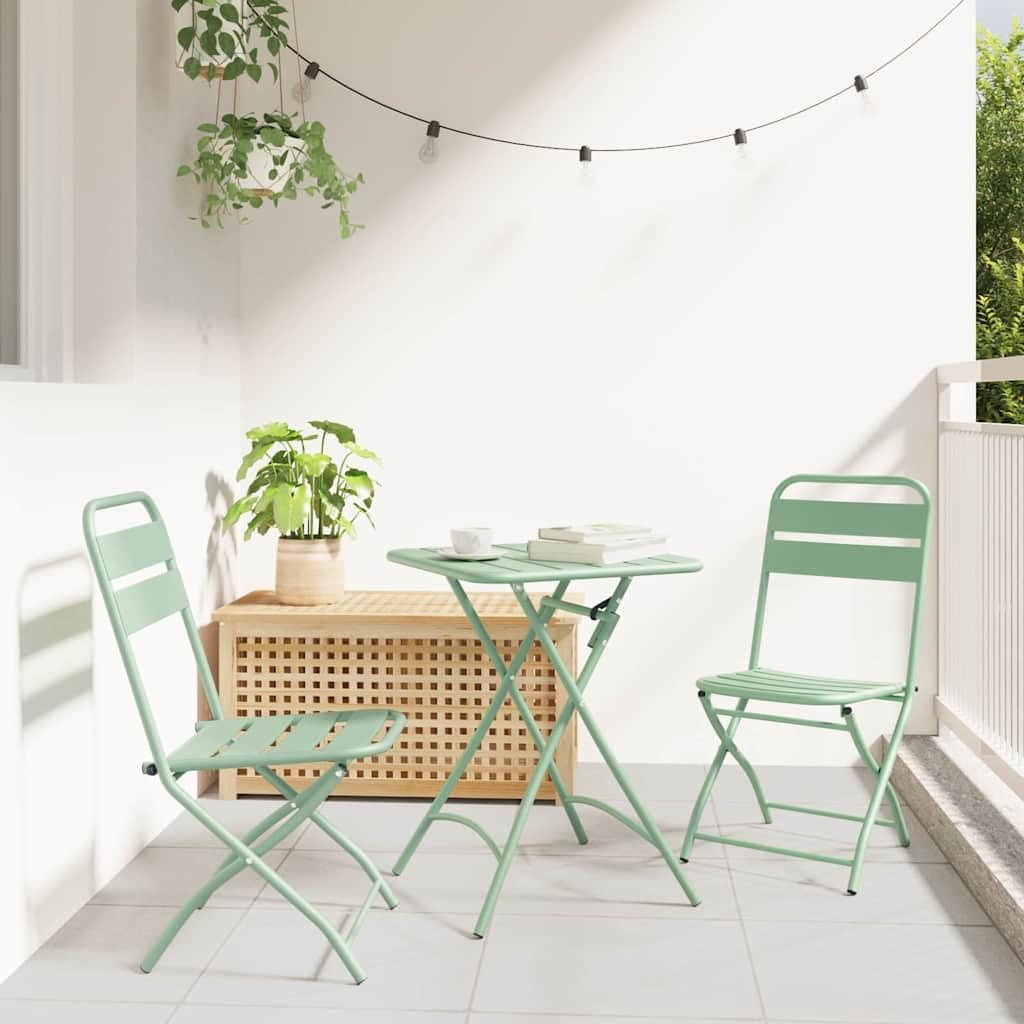 Set bistrot pieghevole in acciaio verde 3 pezzi con tavolo rettangolare e due sedie pieghevoli, design moderno per giardino, terrazza o balcone, compatto e facile da pulire.