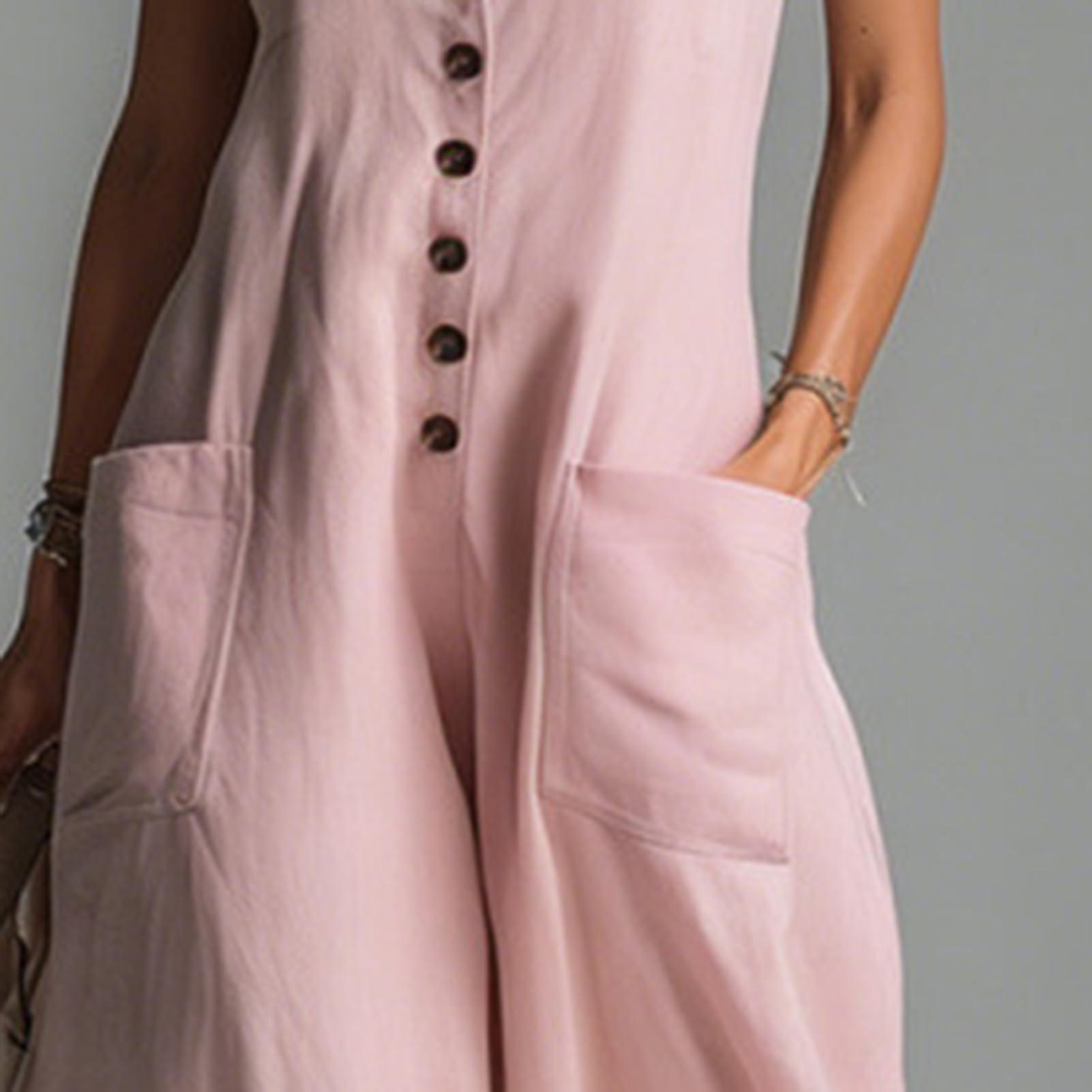 Vestido largo de verano sin mangas con cuello en V y botones, acampanado, con bolsillos, para uso casual, playa, vacaciones, uso diario, ligero, suave, cómodo, elegante, vestidos de mujer