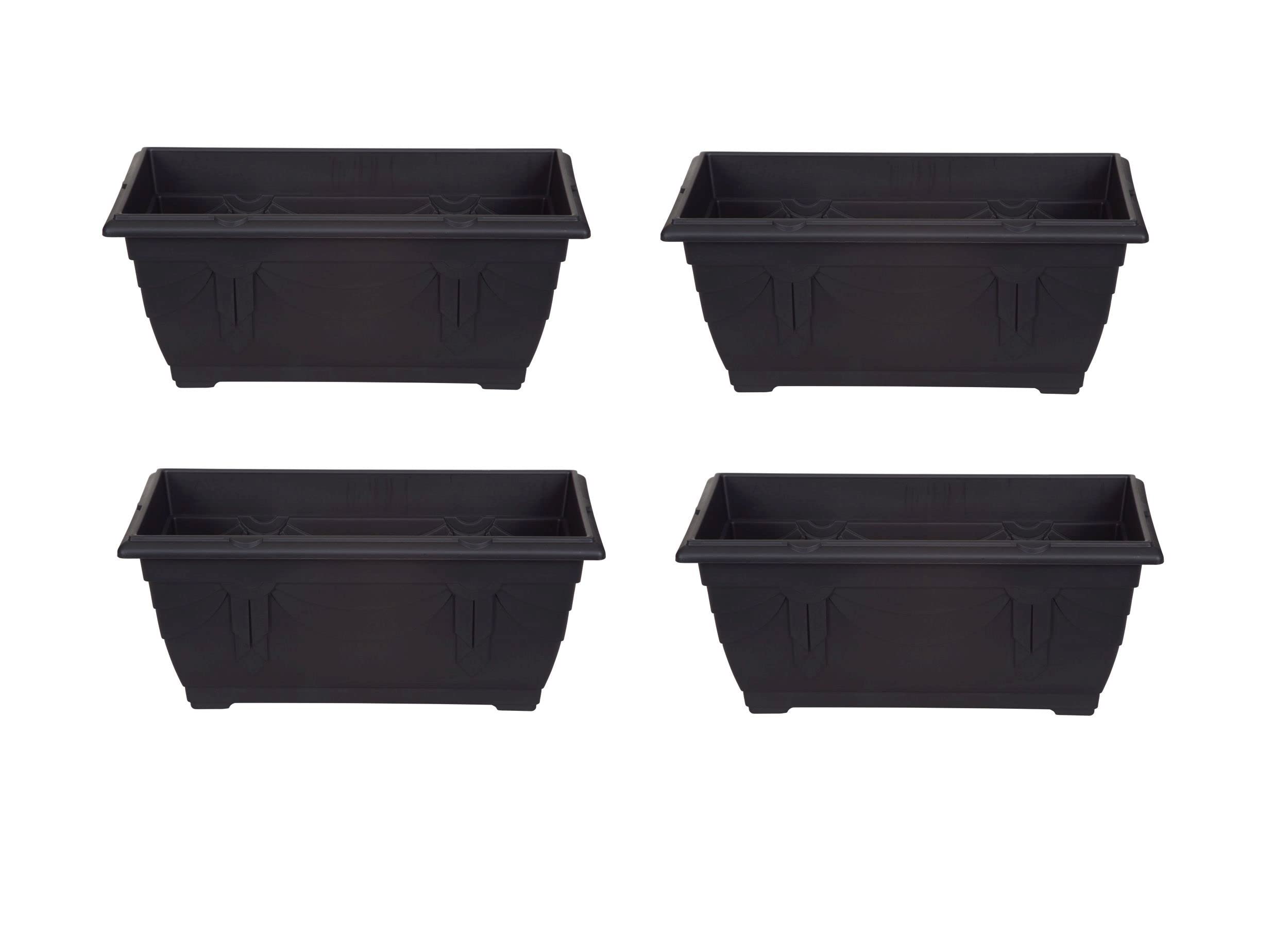 Set Of 4 Venetian Window Box Trough Planter Small 40cm Plastic Flower Plant Pot Black Colour