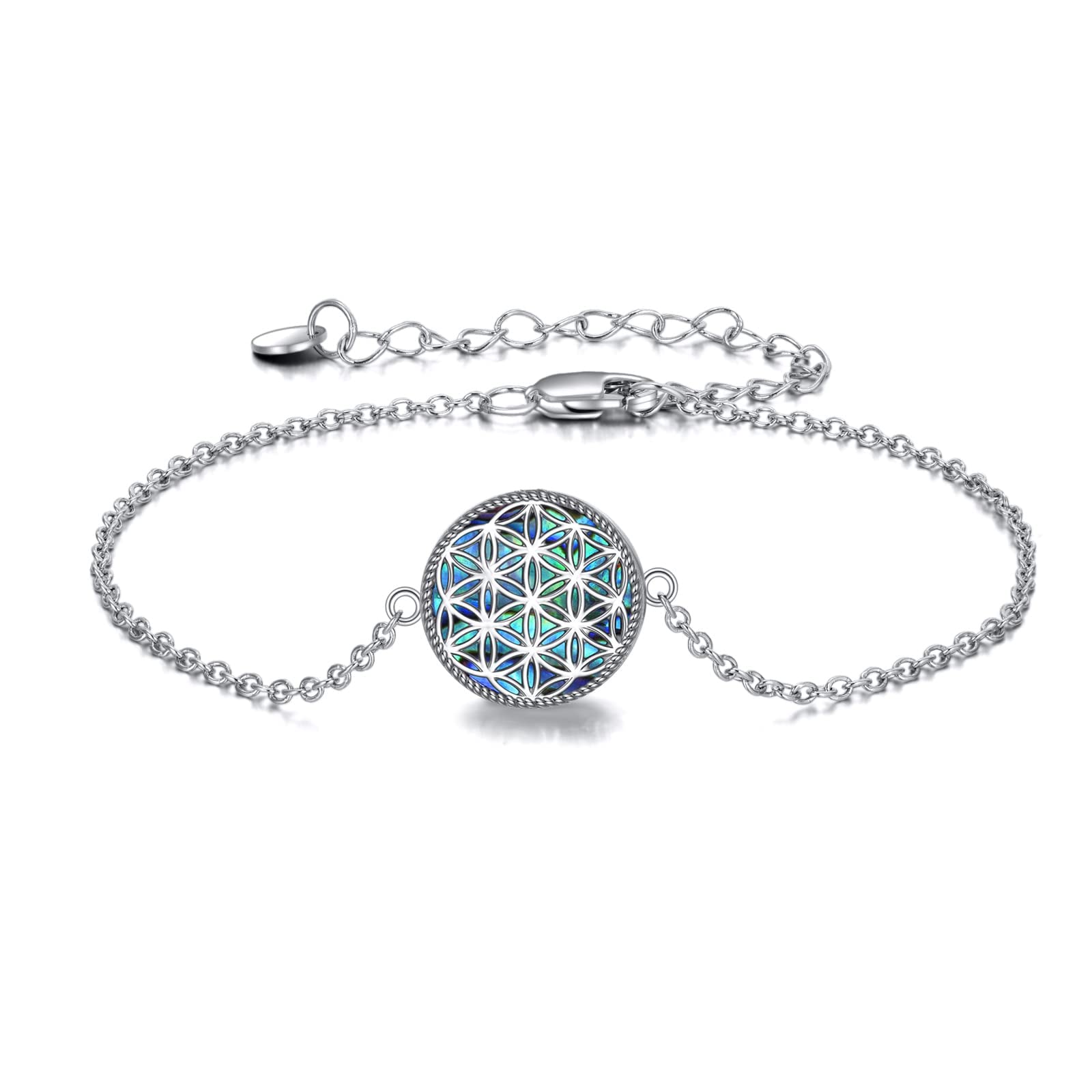 YAFEINIFlower of Life Bracelet 925 Sterling Silver Flower of Life Bracelet Abalone Shell Flower of Life Jewelry for Women Jewelry Gifts