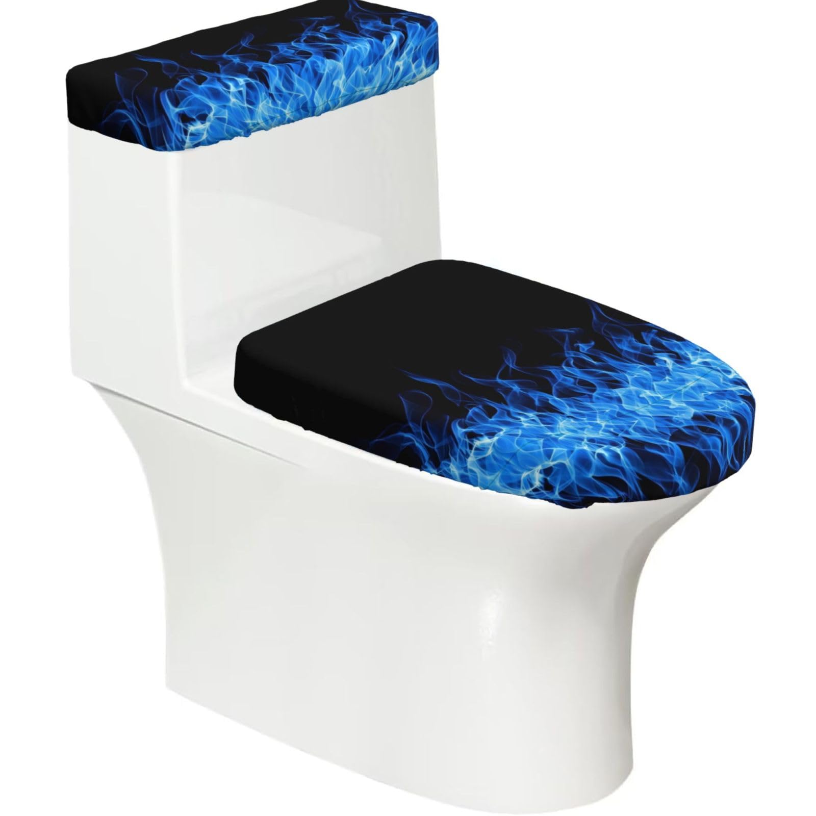 Blue Flame 2-Piece Toilet Seat Cover Set with Tank Lid - Elastic for U-Shape & Elongated - Bathroom Decor