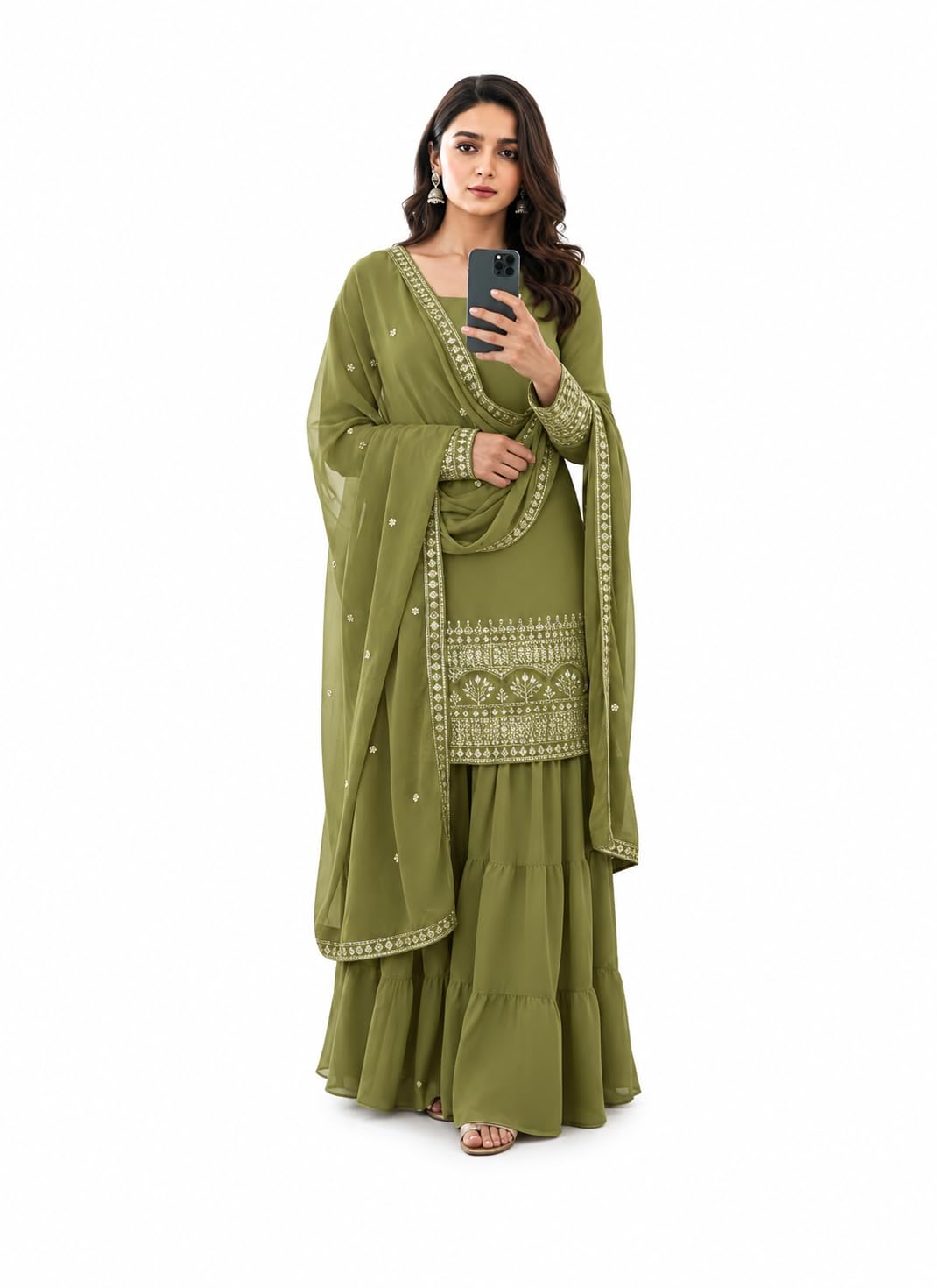 Women's Ethnic Embroidered Kurti Set with Sharara and Dupatta-image-25