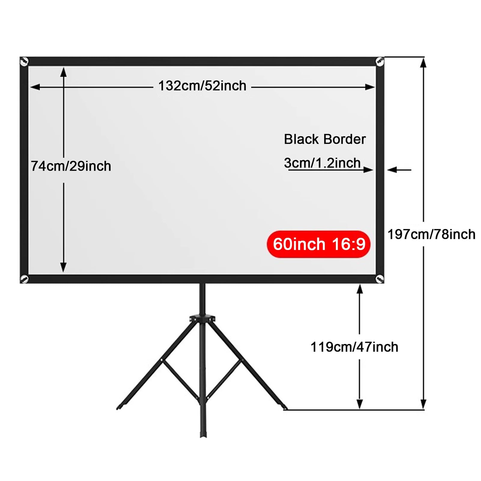 Telo Proiettore Portatile con Treppiede, Schermo Cinematografico Pieghevole Anti Rughe Interni Esterni con Rapporto D'aspetto 16:9, Guadagno 2,5, con Borsa(60inch/132x74cm)