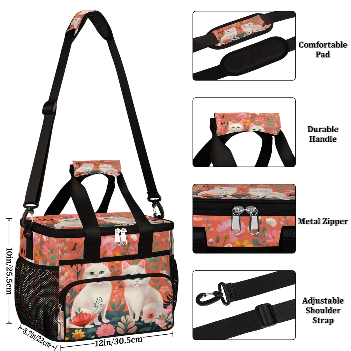 Funny Cats Insulated Picnic Backpack Lunch Box for Women Men Picnic Basket Tote Lunch Bag Picnic Bag Portable Lunch Bags for Picnic, Beach, Work, Trip,Office, Camp Cats with Flowers