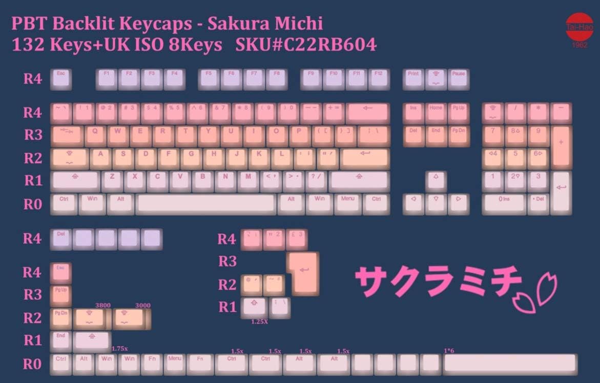 KPREPUBLIC taihao Sakura Michi pbt Double Shot keycaps for DIY Gaming Mechanical Keyboard Backlit Caps OEM Profile Light Through ISO UK (Sakura Michi Set x1)
