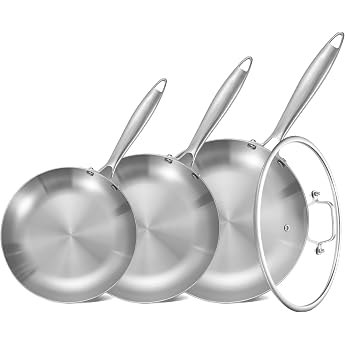 Inqibee Stainless Steel Frying Pan Set Uncoated 20 24 28 cm with Lid - Pan Set Stainless Steel Frying Pan Set, for Induction 