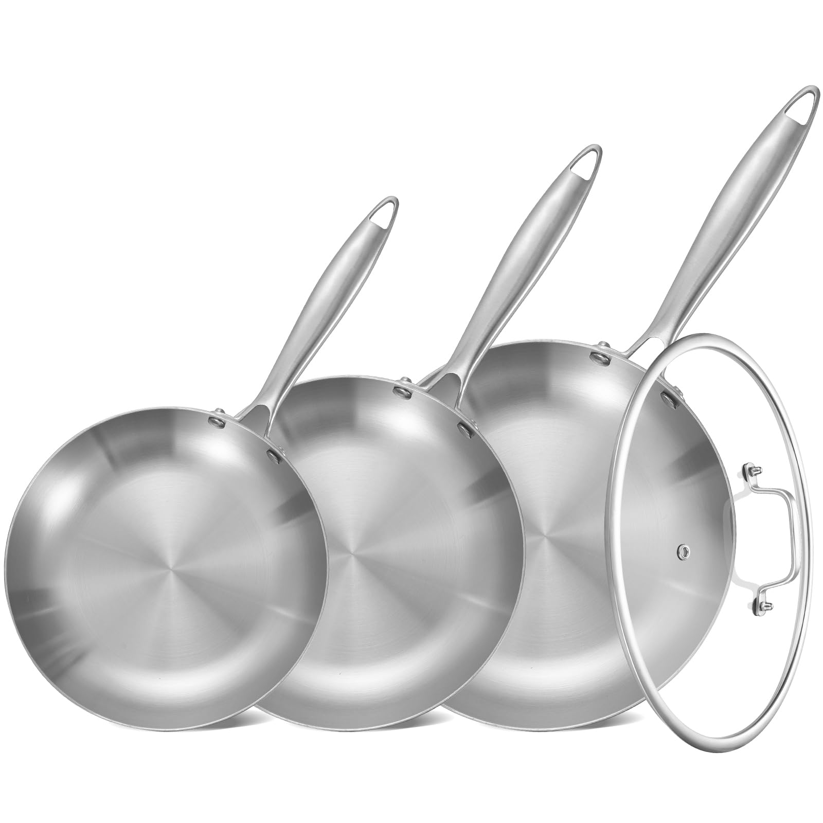 Inqibee Edelstahlpfanne Bratpfannenset Unbeschichtet 20 24 28 cm mit Deckel - Pfannenset Edelstahl, Stainless Steel Frying Pan Set, Für Induktion & alle Herdarten - Ofenfest, Spülmaschinenfest