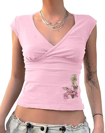 Women Y2k Floral Embroidery V Neck Crop Tops Vintage Cute Cap Sleeve Slim Fit Cropped T Shirts 2000s Baby Tees