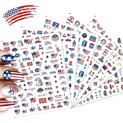 4th of July Nail Art Stickers, American Flag Patriotic Independence Day Nail Decals, 3D Self-Adhesive USA Flags Heart Star Nail Design I Love America for Memorial Day DIY Nail Decoration Cover
