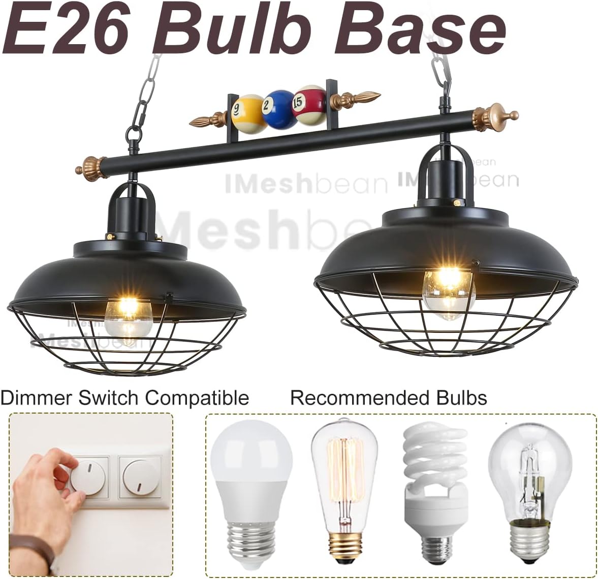 iMeshbean Pool Table Lighting Fixtures Ceiling Lamp for Game Room Beer Party, Real Billiard Ball Design Pendant with 2 Metal Lamp Shades (2 Lights)