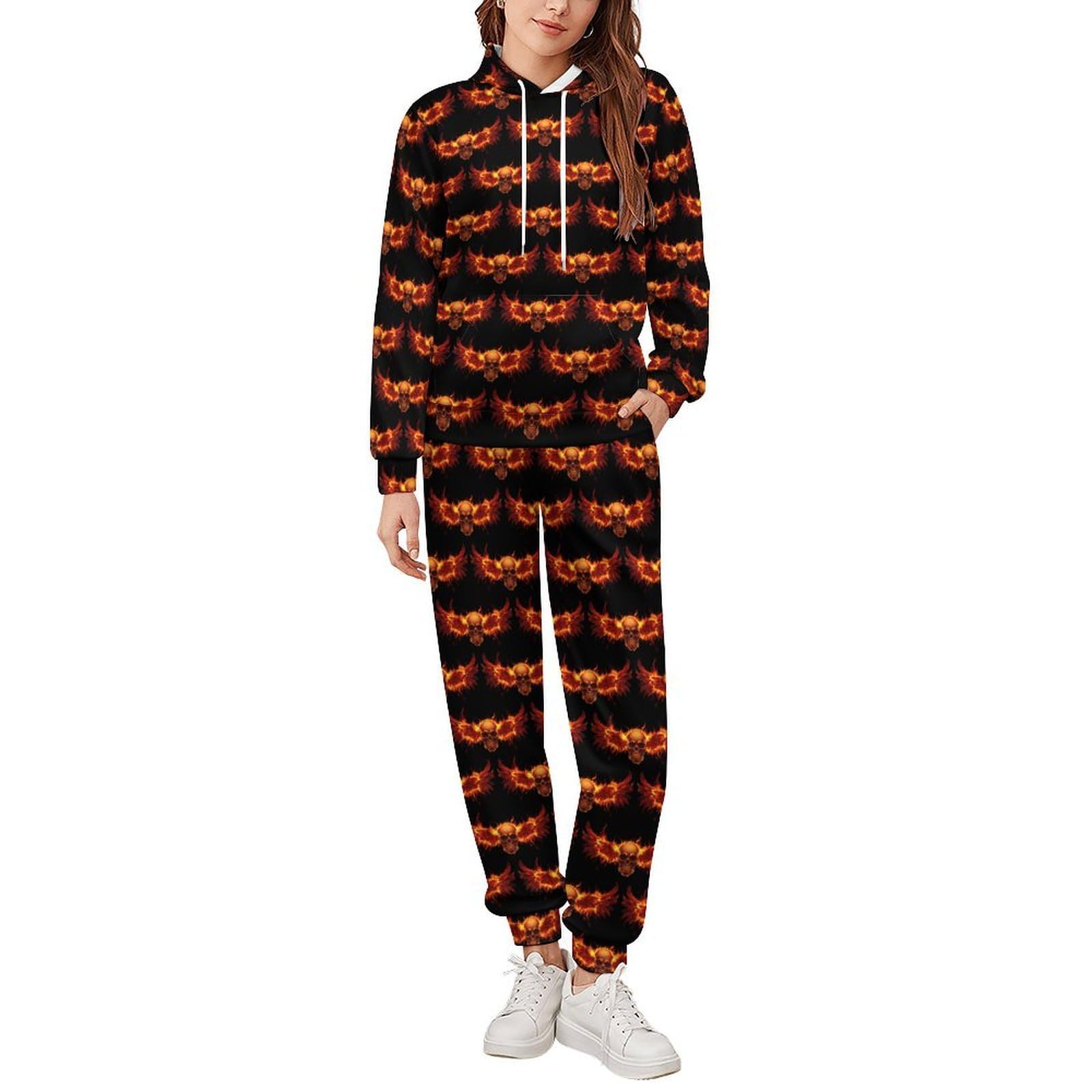 Teschio con ali fuoco tute per gli uomini manica lunga felpa con cappuccio e pantaloni della tuta moda