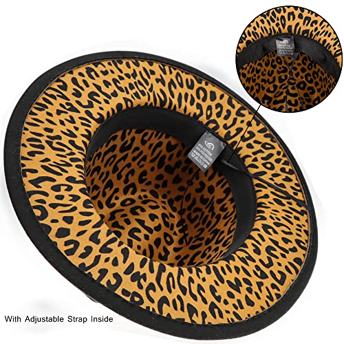 Leopard Fedora-Hat For Women Classic Two Tone Wide-Brim Panama Hat (Black Leopard, 56-58Cm/22-22.8") #TOP6