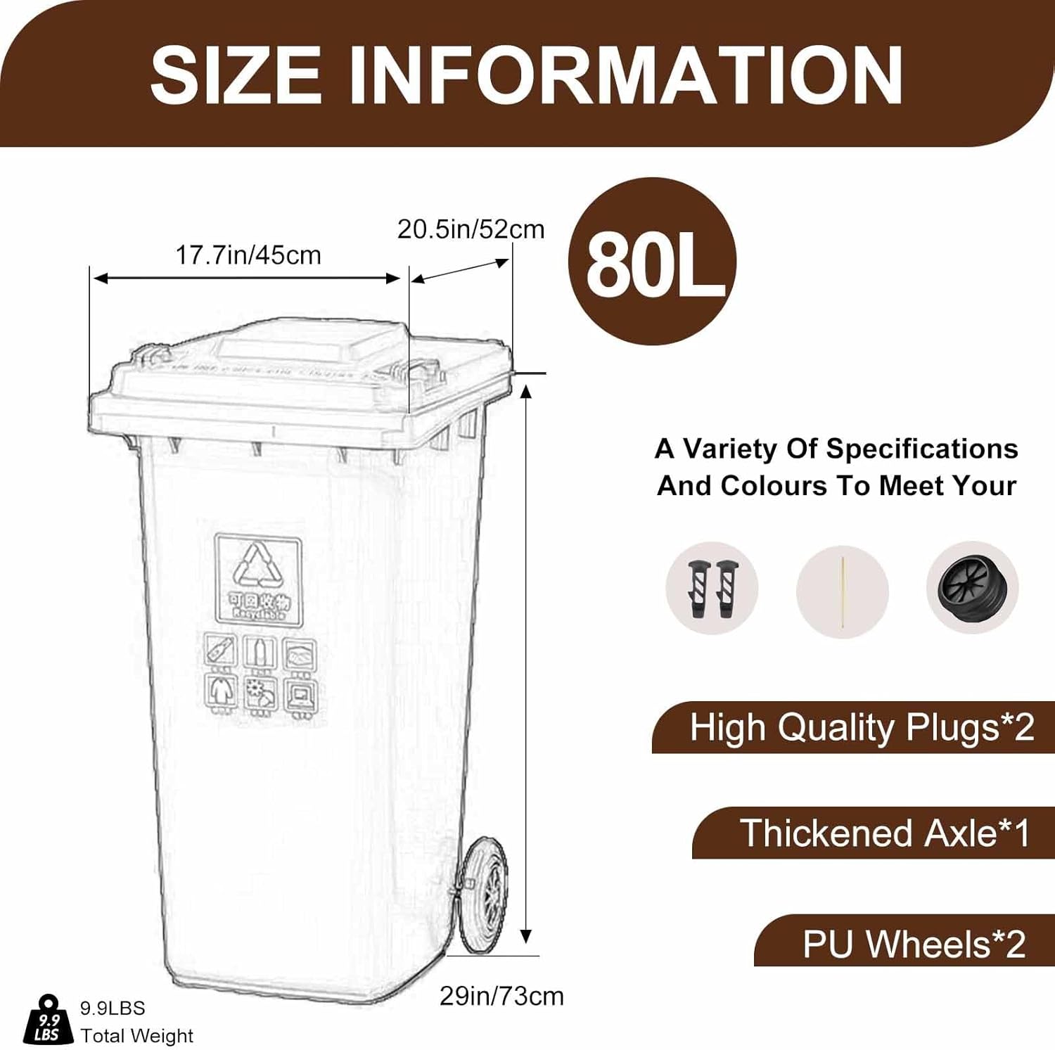 Outdoor Trash Can 80L 100L 120L 240L Large Garbage Can with Lid and Wheels, Heavy Duty Commercial Trash Can for Outdoor Use(Black,80L)