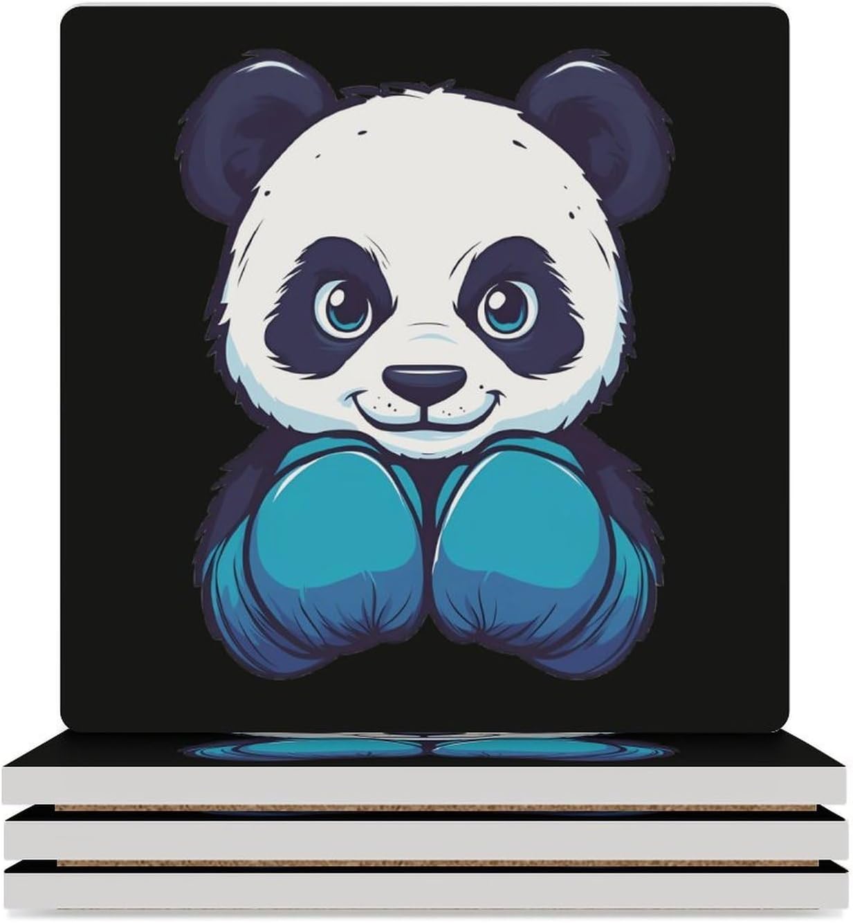 Boxing Panda Funny Ceramic Coasters for Drinks Absorbent Cup Holder Tabletop Protector with Cork Base