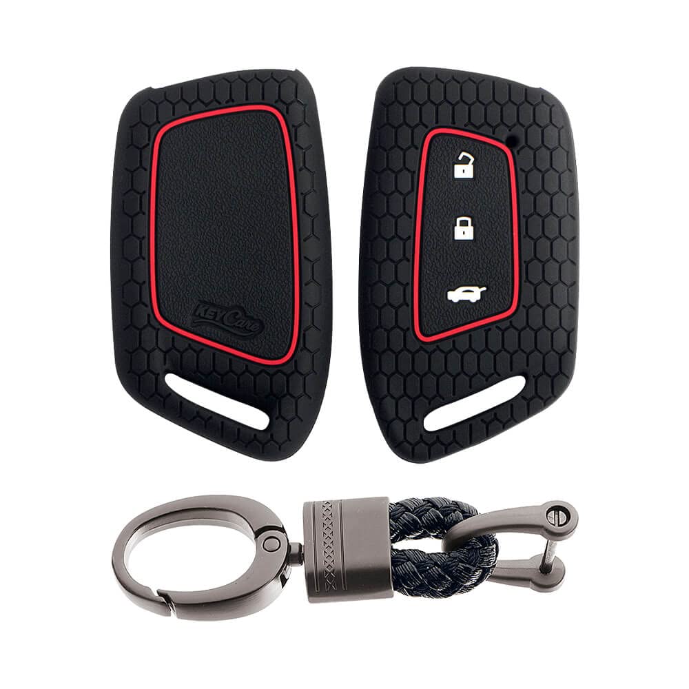 Keycare Silicone Key Cover & Keychain Compatible for MG Hector, Windsor EV 3 Button Smart Key. (Black with Alloy Keyring Black)
