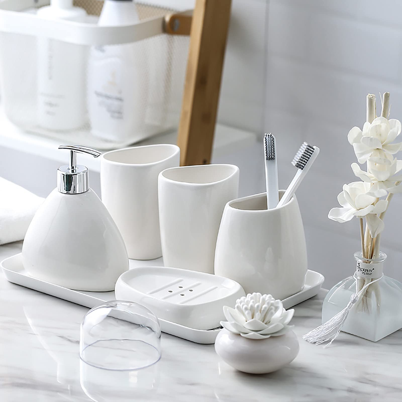 Juegos de Accesorios de baño, Acesorios Cuartos de Baño 5 Piezas para Dispensador Jabon Baño, Jabonera Baño, Porta Cepillo de Dientes, Dosificador Jabon Baño para Gel de Ducha Cerámica Blanco