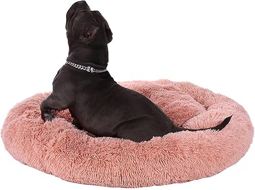 Vista 23 de BinetGo Cama calmante para perros para gatos y perros, cama de gato beige de 20 pulgadas, cama para cachorros negro/rosa/beige, cama calmante