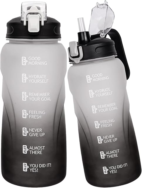 Justfwater 2L Sport Motivational Water Bottle with Straw BPA Free Drinking Bottle 2 Litre with Time Marker for Fitness Gym