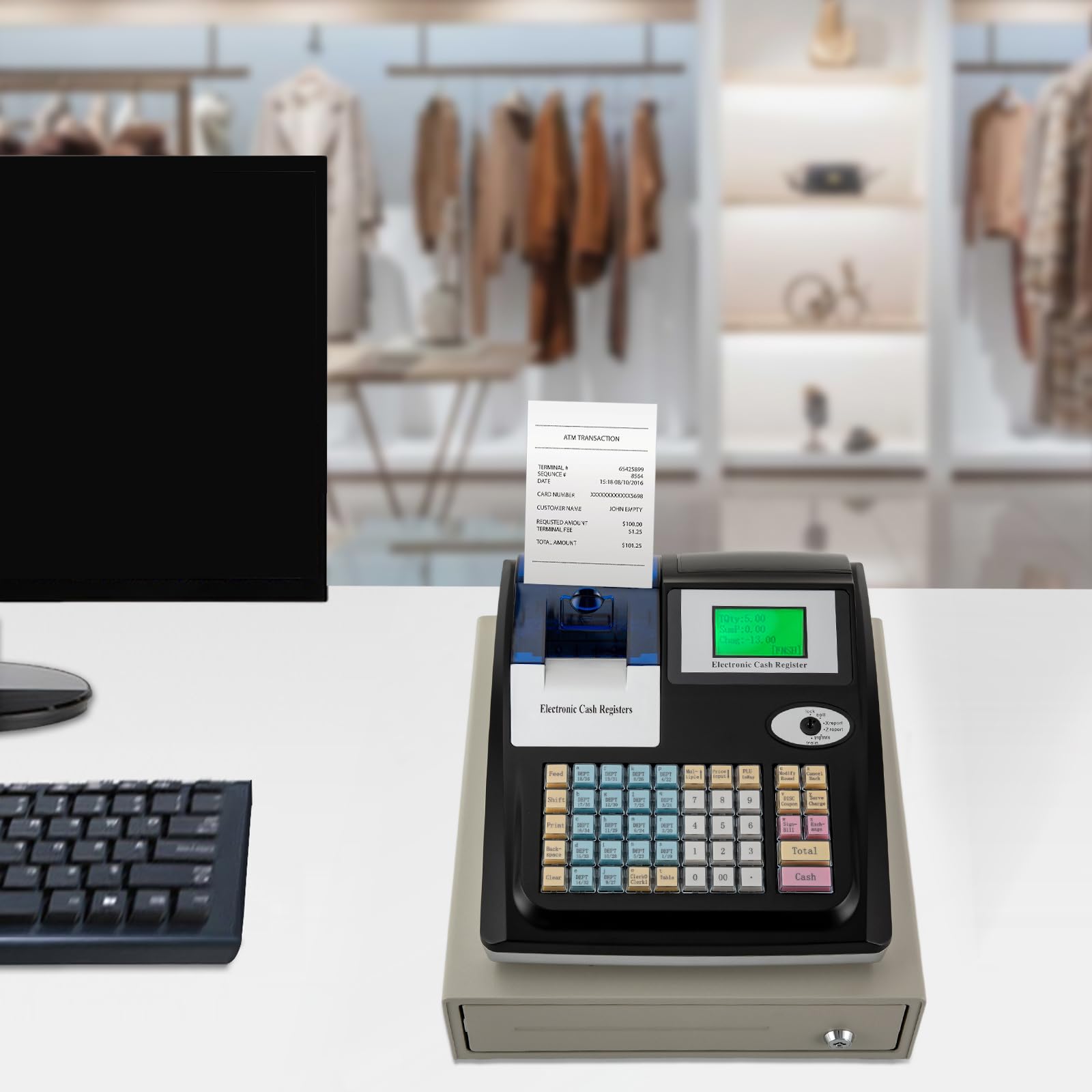 Système de caisse, tiroir-caisse, caisse enregistreuse, gestion de l'argent liquide, imprimante thermique, 50 employés, 48 touches, 10 000 PLU, 36 départements, traiteur, supermarchés, magasins de