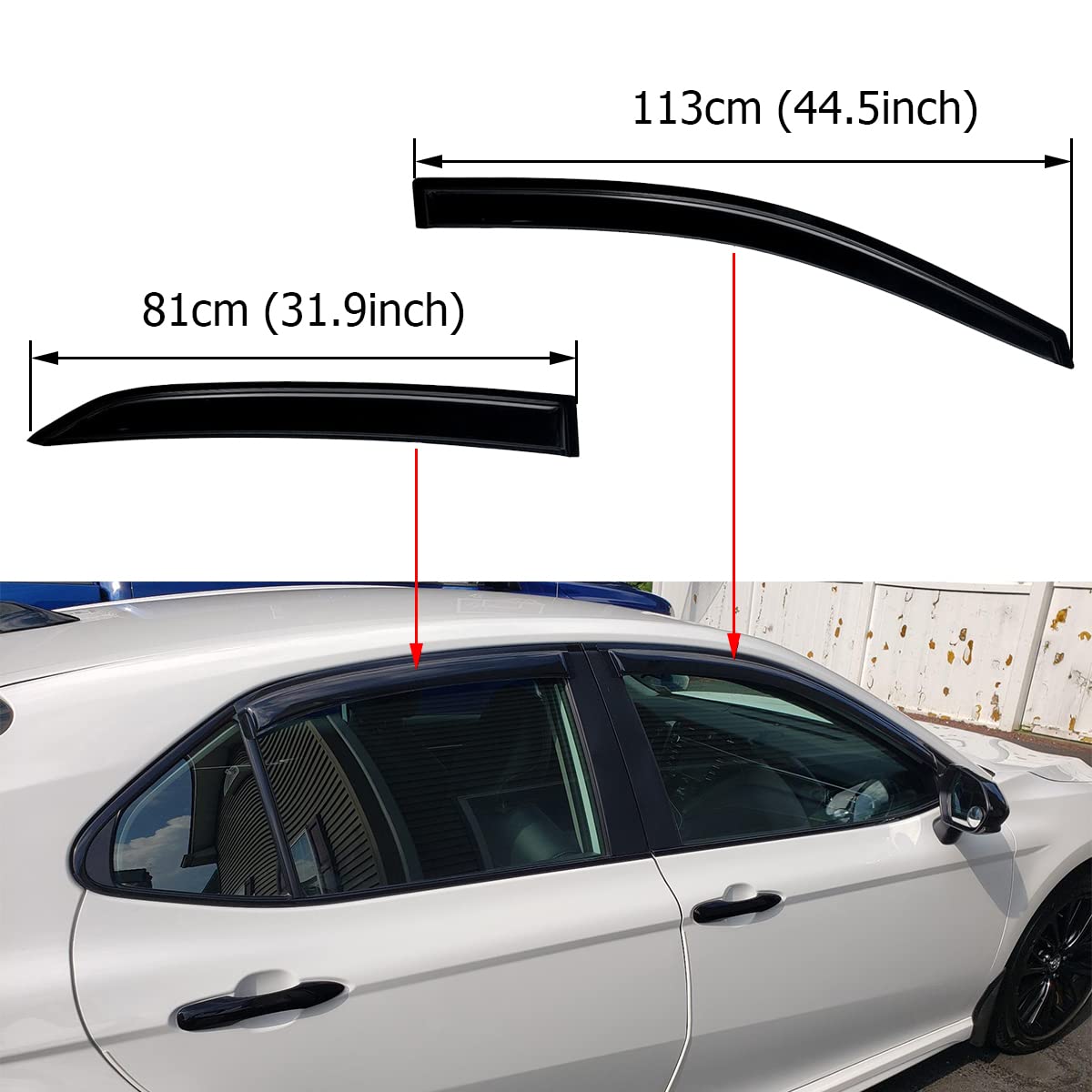 Lightronic WV94311 Tape-on Side Window Visor Deflector Rain Guard, Dark Smoke Shatterproof, 4 PCS Set for 2018-2022 Toyota Camry