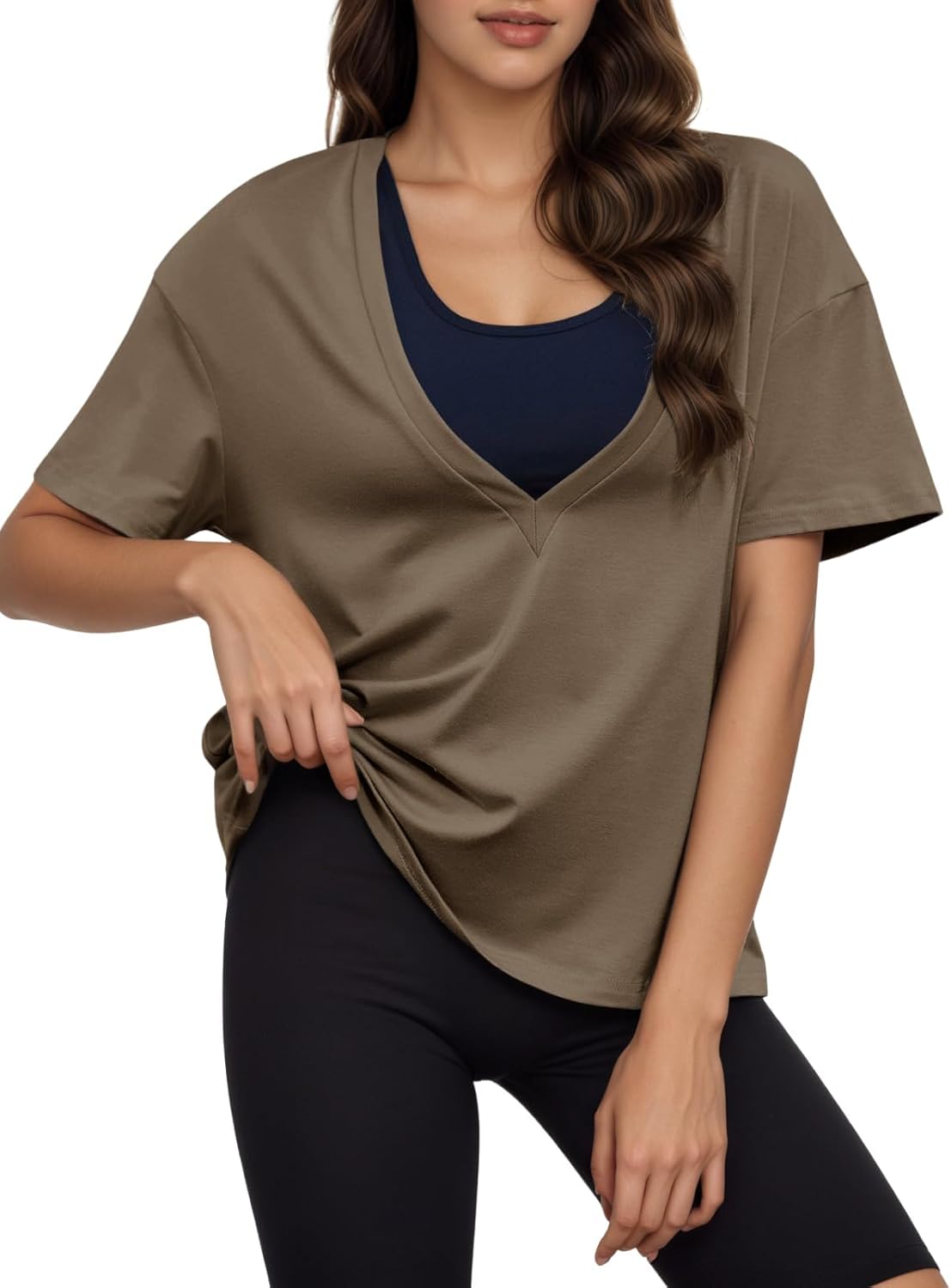 LCXWFE Womens Deep V Neck Sexy Tops Summer Short Sleeve Slim T Shirts Solid Color Basic Tees - Image 4