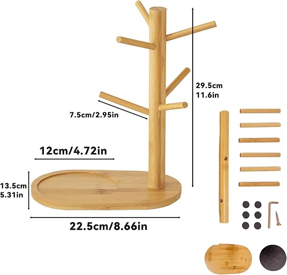 SNAIL GARDEN Mug Holder with 6 Hooks,Coffee Mug Tree with Large Wooden Base,Coffee Mug Stand with Removable Round Felt Pad,Coffee Tree Mug Holder for Kitchen Living Room Bedroom Countertop Tabletop