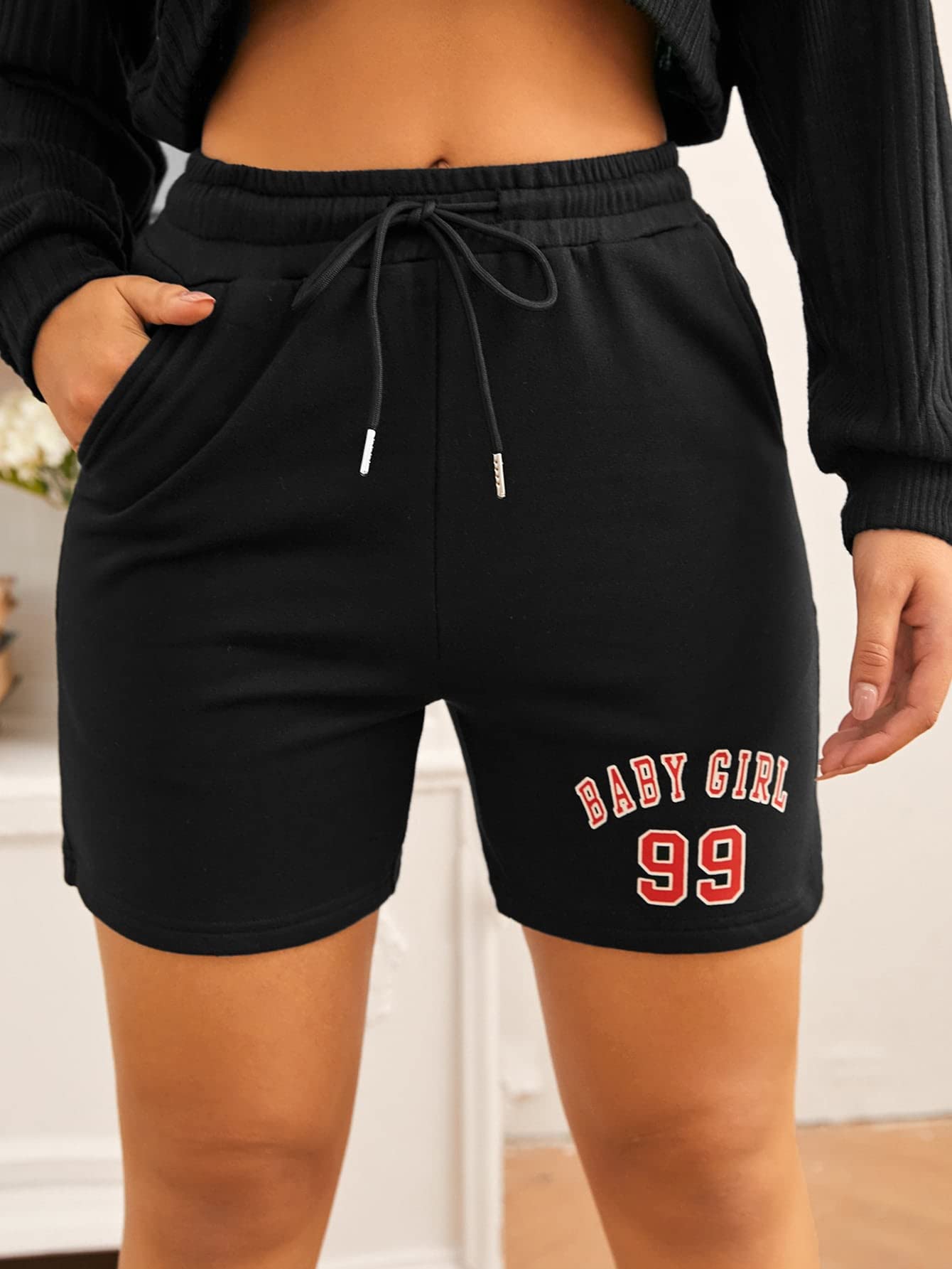 PROPFEShorts for Women Shorts Women's Shorts Drawstring Waist Letter Graphic Shorts Shorts (Color : Black, Size : Medium)