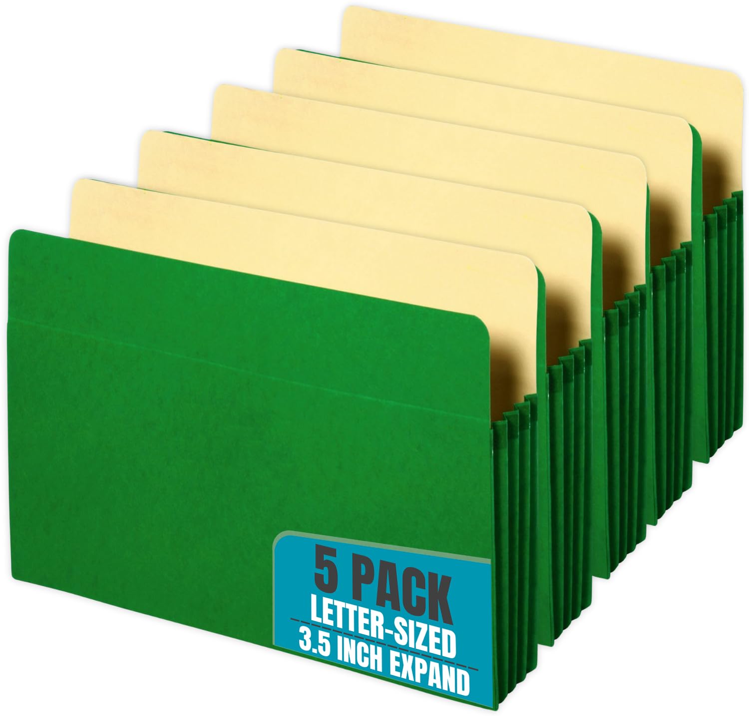 1InTheOffice Expanding File Pockets, File Jackets, File Wallet, 3.5" Expansion, Letter Size, Reinforced Straight Cut Tab, Gusset, Green, 5 Pack