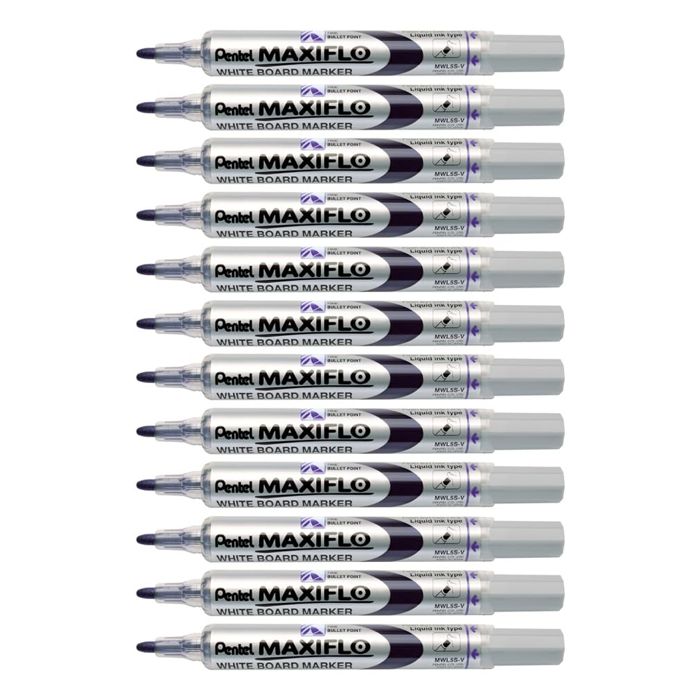 Pentel - Marcador Maxiflo para pizarra blanca (punta mediana, tinta líquida), color violeta. Pack 12