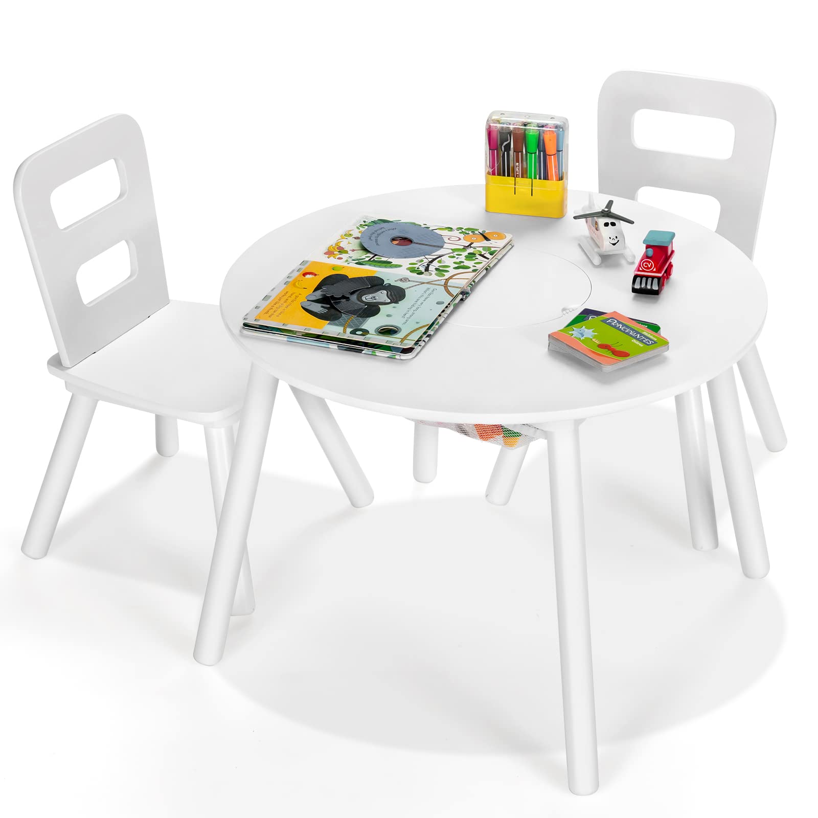 GYMAX Children Table with 2 Chairs, Wood Kids Round Storage Table with Mesh Basket, Toddler ...