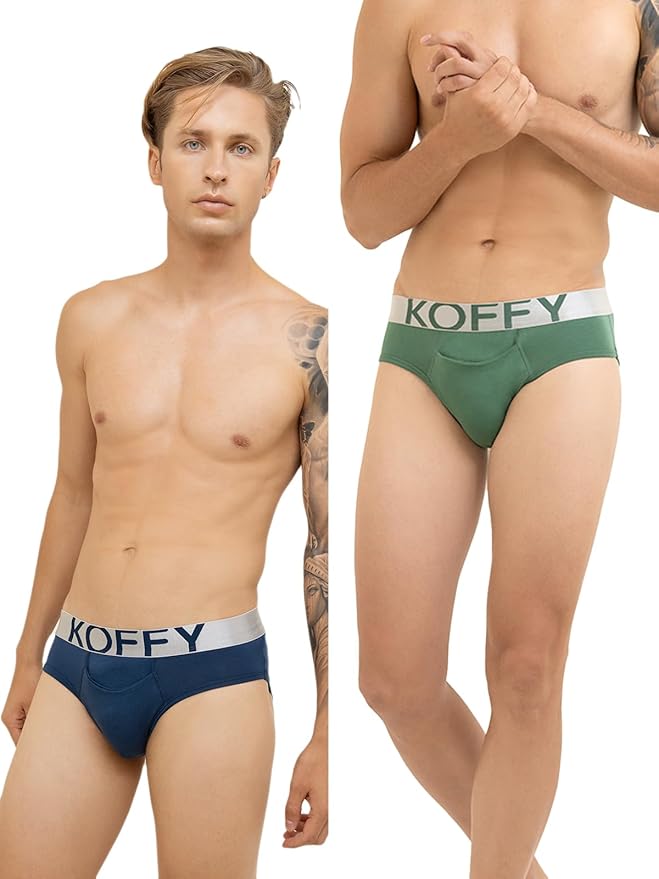 KOFFY Men’s Premium Cotton Lycra Brief with Minus Cutting Pouch| Silver Metallic Elastic| 4 Way Stretch| Wrinkle Free| Pack of 1