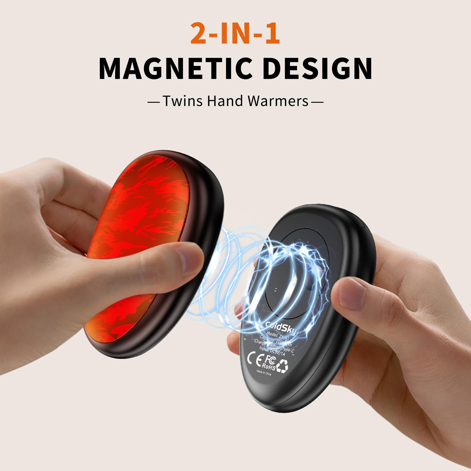 coldSky Rechargeable Hand Warmers 2 Pack, Magnetic 2-in-1 Reusable Electric Hand Warmer, 3 Heat Settings Portable Pocket Hand Heater Gifts for Women Men Christmas, Skiing, Camping, Hunting
